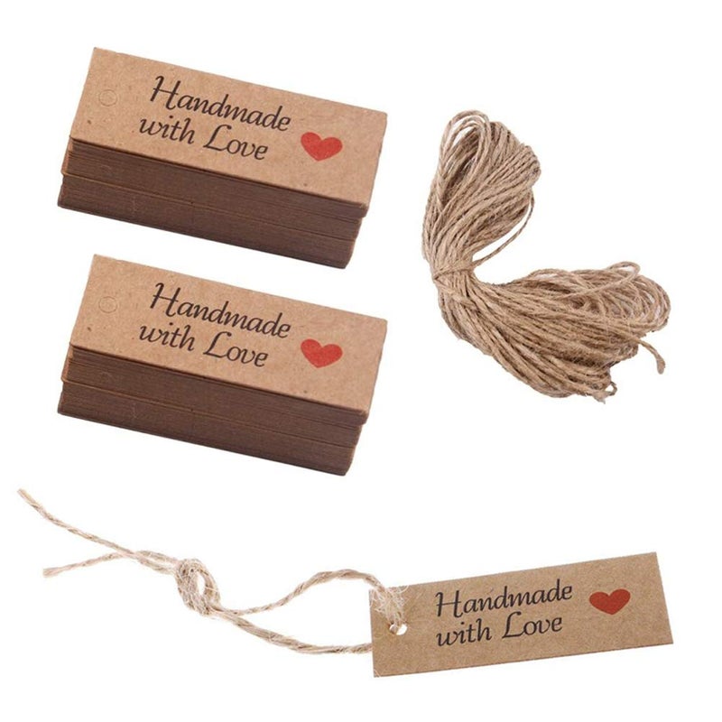 lasenersm 200 Pieces Handmade with Love Tags Handmade Tags Kraft Paper Handmade with Love Tags with 65.6 Feet Natural Jute Strings Brown - Image 1